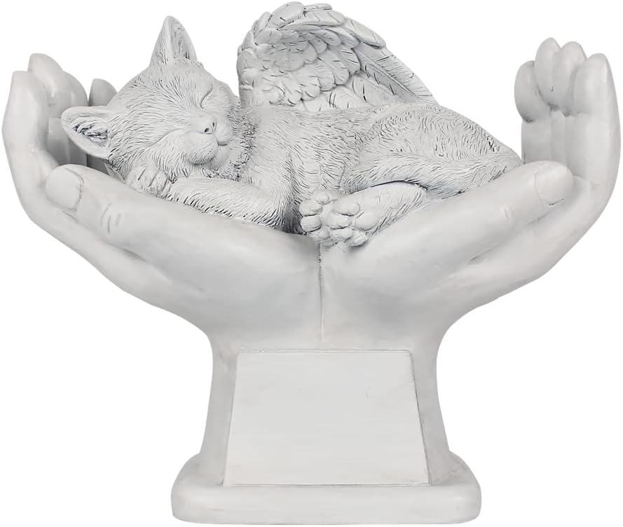 Memorial Cat Angel Tribute Statue with in God's Hands, Pet Cat Grave Marker Headstone Memorial Garden Stones-Customizable Name and Date…