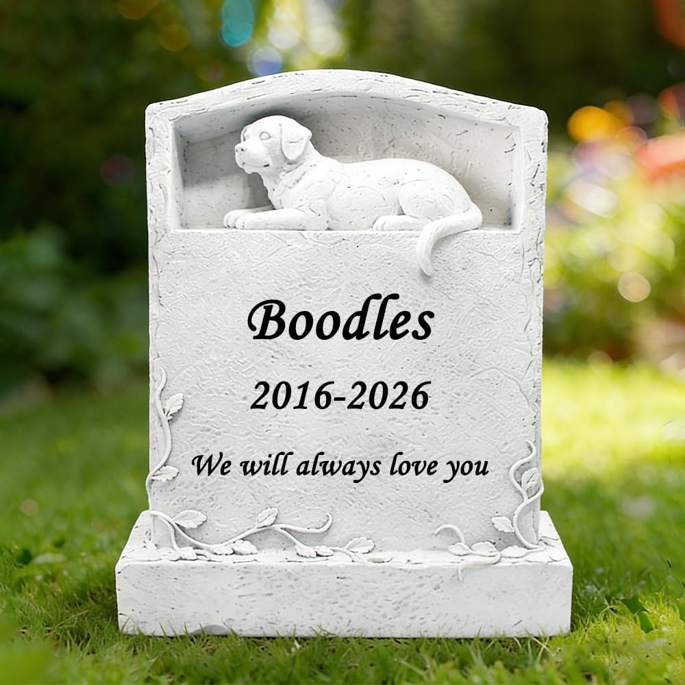 CMS Pet Headstone for Dog, Personalized Dog Memorial Stone Resin Dog Statue Figurine Dog Garden Stone Pet Gravestone for Dog Outdoors