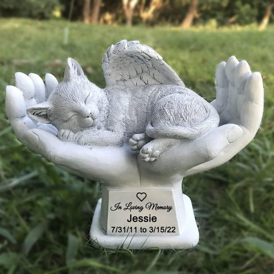 CMS Personalized Memorial Cat Angel Tribute Statue with in God's Hands, Pet Cat Grave Marker Headstone Memorial Garden Stones-Customizable Name and Date…
