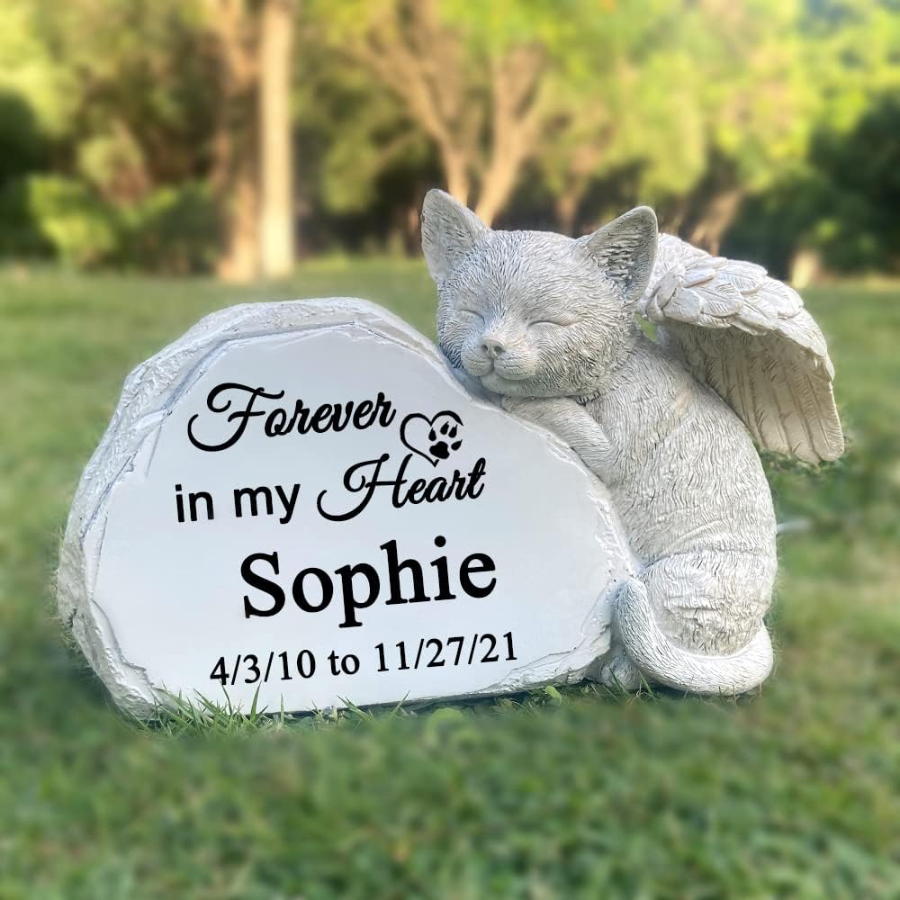 CMS Personalized Pet Cat Memorial Stone with A Sleeping Cat Angel Statue, Cat Grave Markers, Cat Headstone Tombstone-Forever in My Hearts