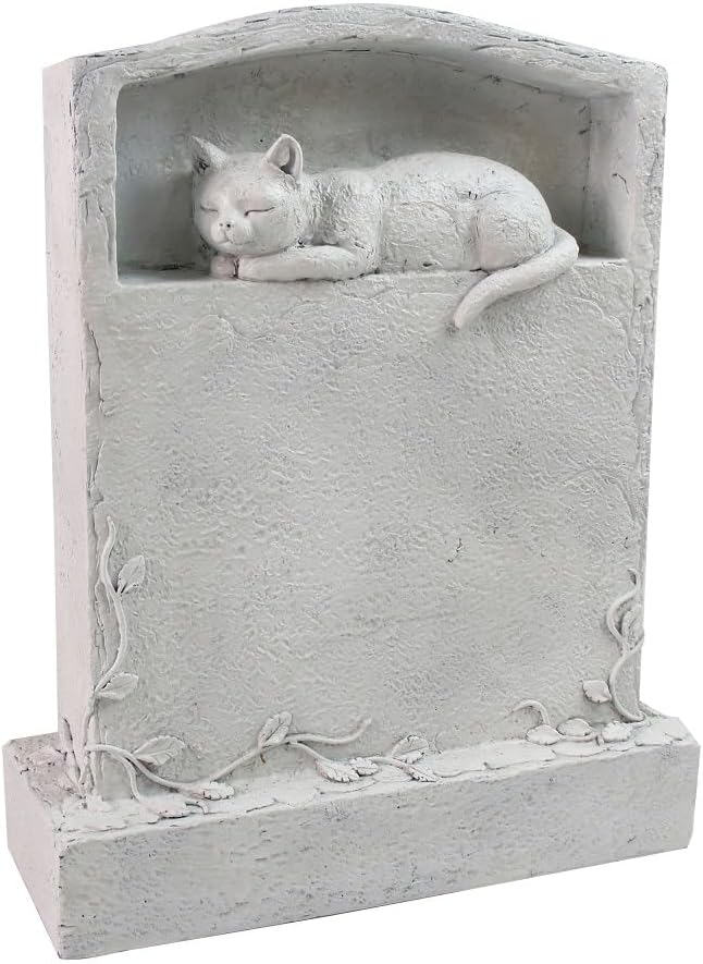 CMS Upright Pet Headstone, Personalized Memorial Stone with Resin Cat Statue Figurine, Garden Stone Pet Gravestone for Outdoors