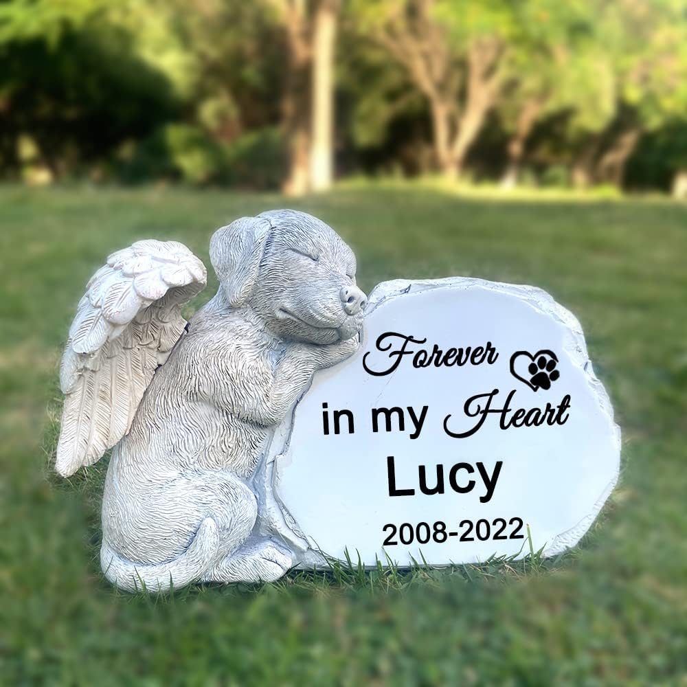 CMS Personalized Pet Dog Memorial Stone with A Sleeping Dog Angel Statue, Dog Grave Markers, Dog Headstone Tombstone-Forever in My Hearts