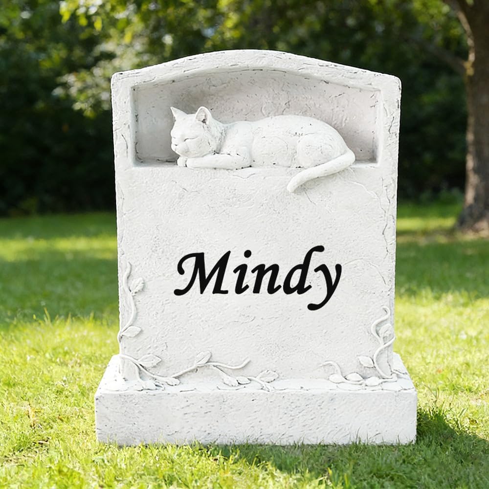 CMS Upright Pet Headstone, Personalized Memorial Stone with Resin Cat Statue Figurine, Garden Stone Pet Gravestone for Outdoors