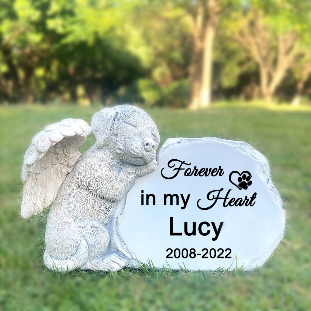 CMS Personalized Pet Dog Memorial Stone with A Sleeping Dog Angel Statue, Dog Grave Markers, Dog Headstone Tombstone-Forever in My Hearts