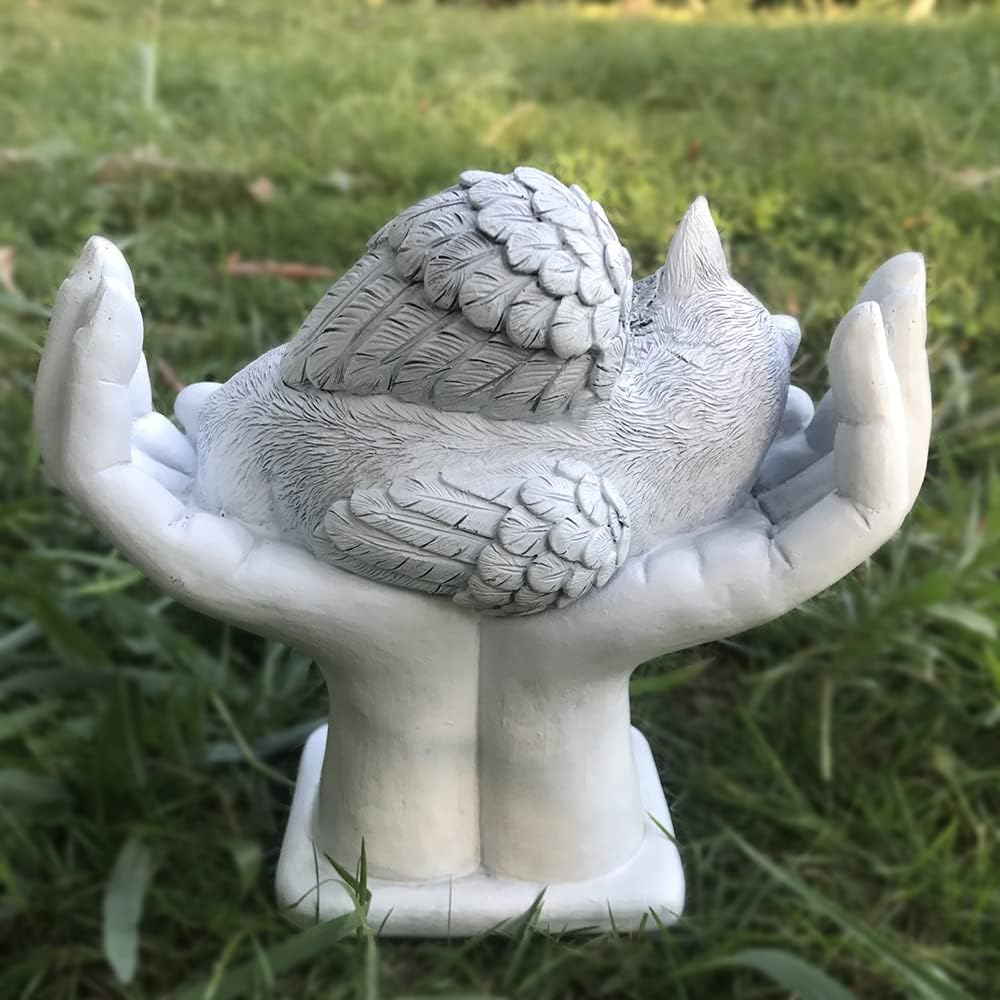 Memorial Cat Angel Tribute Statue with in God's Hands, Pet Cat Grave Marker Headstone Memorial Garden Stones-Customizable Name and Date…