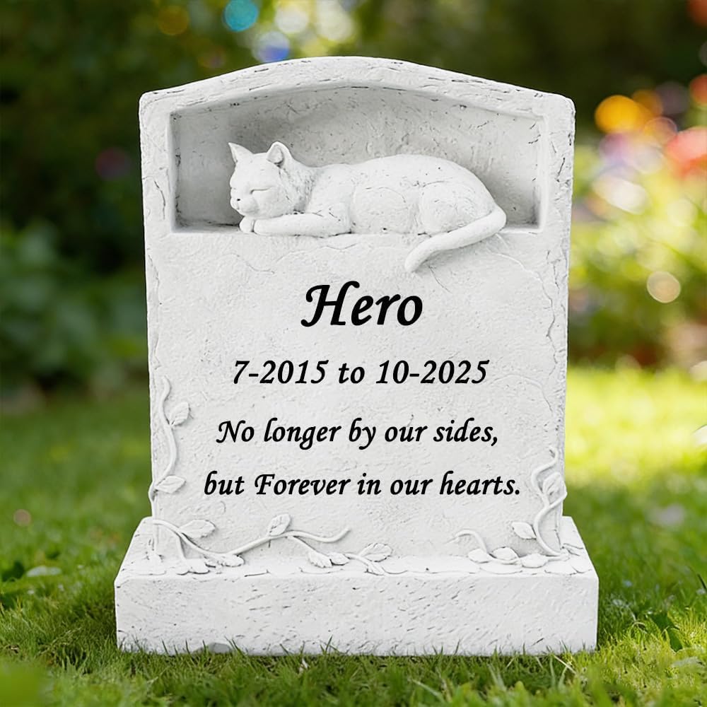 CMS Upright Pet Headstone, Personalized Memorial Stone with Resin Cat Statue Figurine, Garden Stone Pet Gravestone for Outdoors
