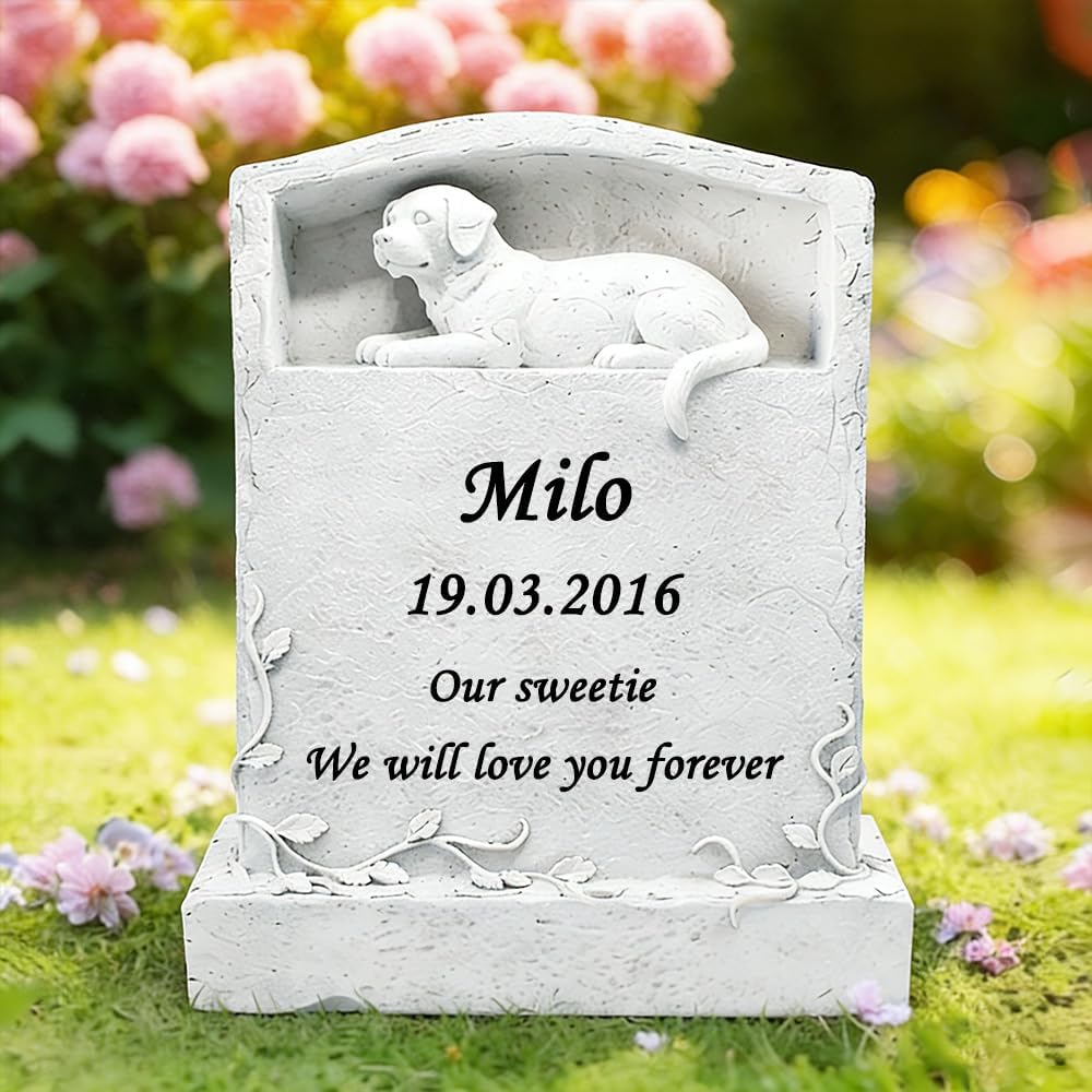 CMS Pet Headstone for Dog, Personalized Dog Memorial Stone Resin Dog Statue Figurine Dog Garden Stone Pet Gravestone for Dog Outdoors