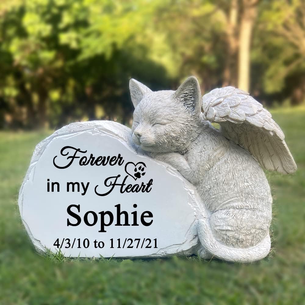 CMS Personalized Pet Cat Memorial Stone with A Sleeping Cat Angel Statue, Cat Grave Markers, Cat Headstone Tombstone-Forever in My Hearts