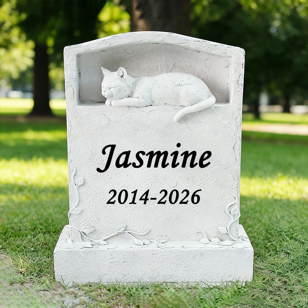CMS Upright Pet Headstone, Personalized Memorial Stone with Resin Cat Statue Figurine, Garden Stone Pet Gravestone for Outdoors