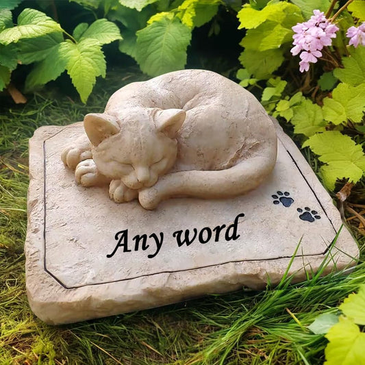 CMS Personalized Cat Memorial Stones Garden Stones with Sleeping Cat Statue, Sympathy Pet Grave Markers Engraved with Any Word.
