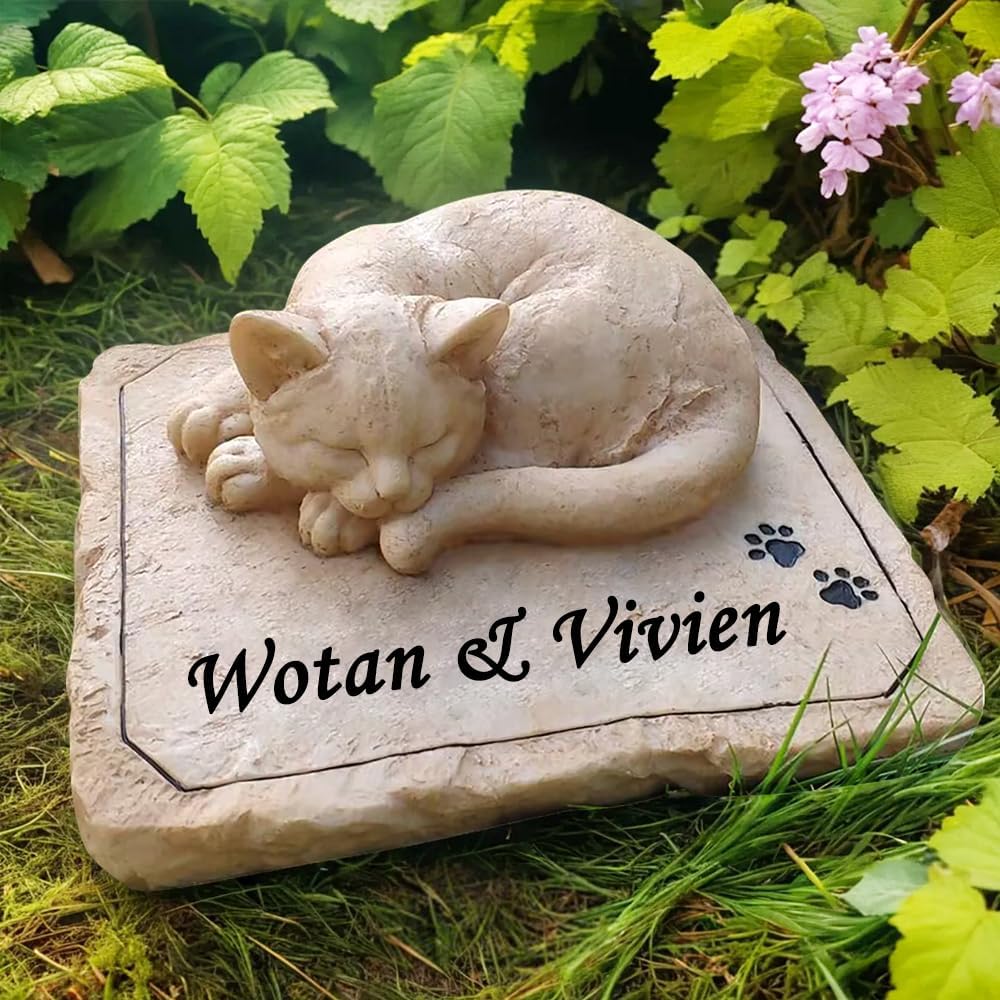 CMS Personalized Cat Memorial Stones Garden Stones with Sleeping Cat Statue, Sympathy Pet Grave Markers Engraved with Any Word.