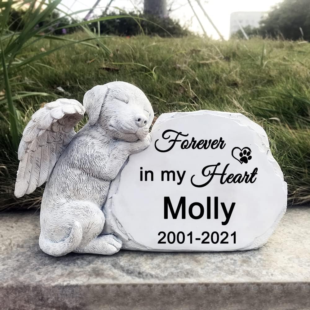 CMS Personalized Pet Dog Memorial Stone with A Sleeping Dog Angel Statue, Dog Grave Markers, Dog Headstone Tombstone-Forever in My Hearts