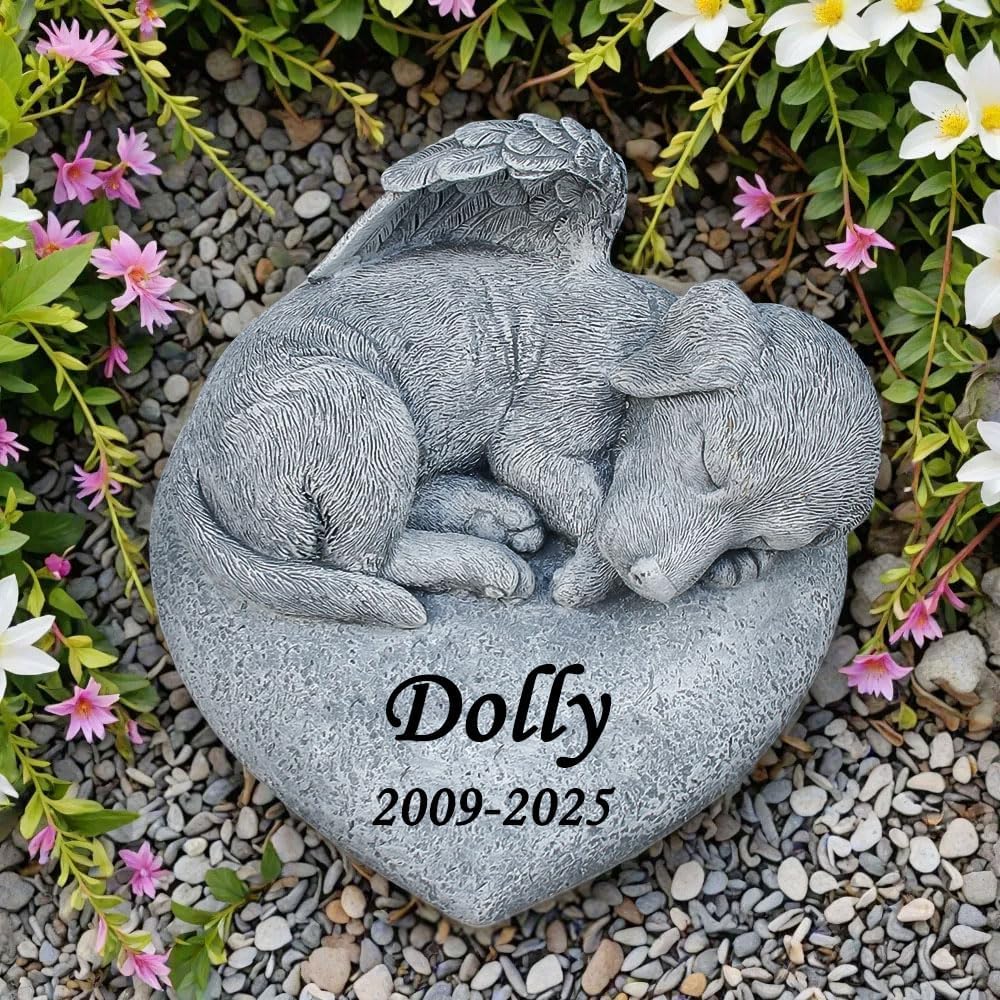 CMS Personalized Angel Dog Statue Memorial Stones Grave Markers with A Sleeping Puppy On The Top，Dog Sympathy Memorial Gifts.