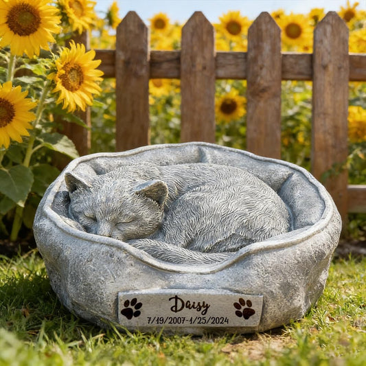 CMS Cat Memorial Stones Grave Markers Engraved with Name, Personalized Pet Headstones for Cat Loss Memorial Gifts Remembrance Gifts Outdoors, Sleeping Kitty on the Pillow