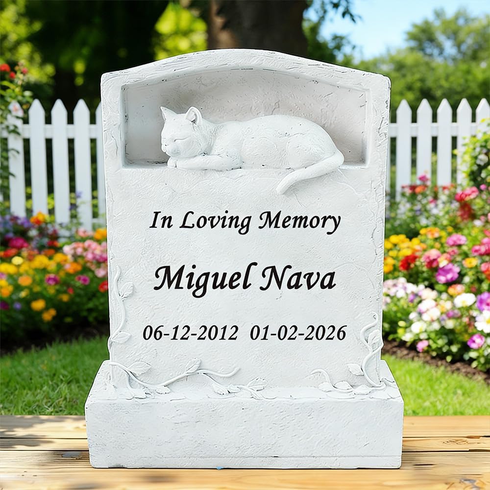 CMS Upright Pet Headstone, Personalized Memorial Stone with Resin Cat Statue Figurine, Garden Stone Pet Gravestone for Outdoors