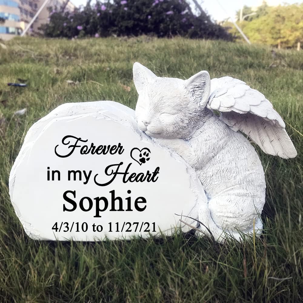 CMS Personalized Pet Cat Memorial Stone with A Sleeping Cat Angel Statue, Cat Grave Markers, Cat Headstone Tombstone-Forever in My Hearts