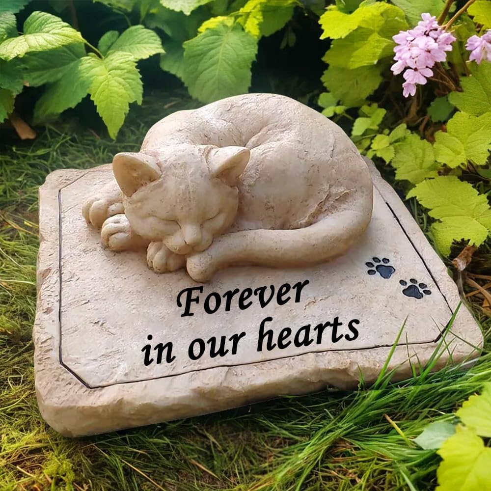 CMS Personalized Cat Memorial Stones Garden Stones with Sleeping Cat Statue, Sympathy Pet Grave Markers Engraved with Any Word.