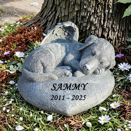 CMS Personalized Angel Dog Statue Memorial Stones Grave Markers with A Sleeping Puppy On The Top，Dog Sympathy Memorial Gifts.