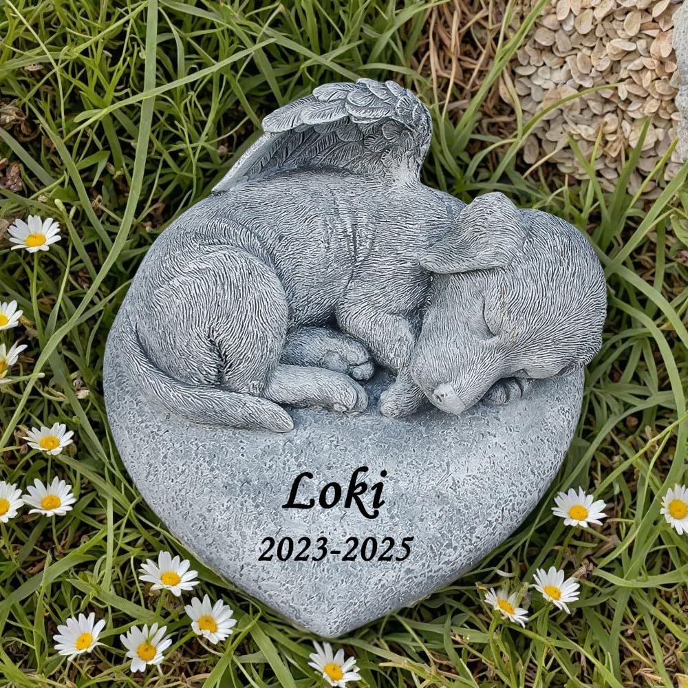 CMS Personalized Angel Dog Statue Memorial Stones Grave Markers with A Sleeping Puppy On The Top，Dog Sympathy Memorial Gifts.