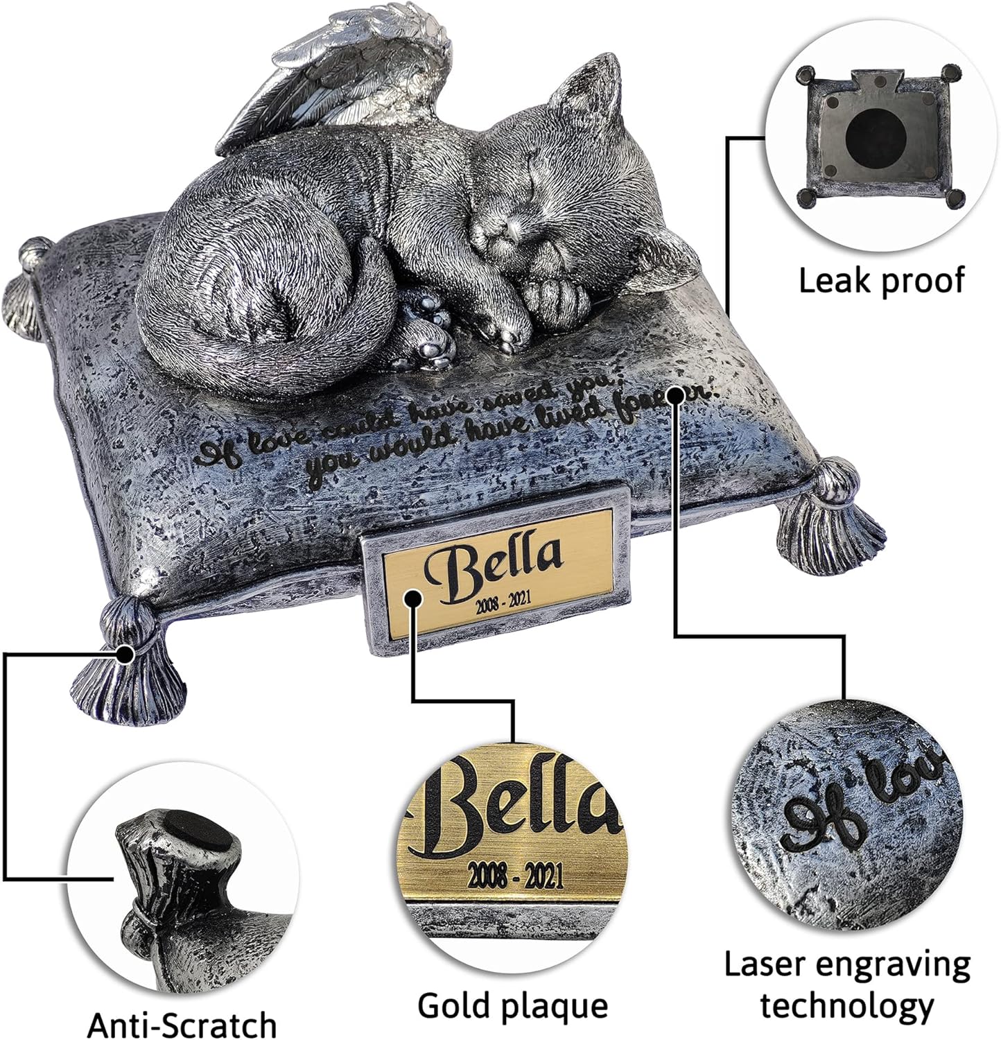 CMS WSLHFEO Angel Cat Sleeping On Pillow Cremation Urn Small Pet Memorial Statue Engraved with Your Pet's Name L8